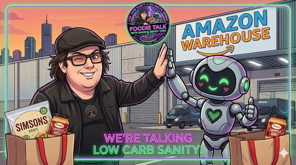 Foodie Talk with Damo and Gemzy Too robot — We're Talking Low Carb Sanity neon promo