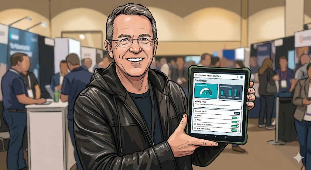 Chief at trade show booth holding PlusDeck Admin tablet — professional promo render
