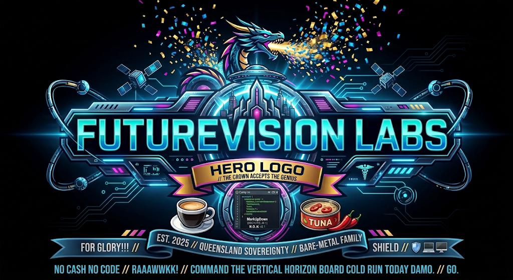FutureVision Labs accidental hero variant — Monaco terminal, espresso, chili tuna, dragon logo compile